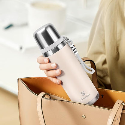 Stainless Steel thermo Bottles with cup 700ml/23.7oz Vacuum Insulated Bottle for hot and cold coffee drink water thermo flask with cup.(Gradient White,700ml)