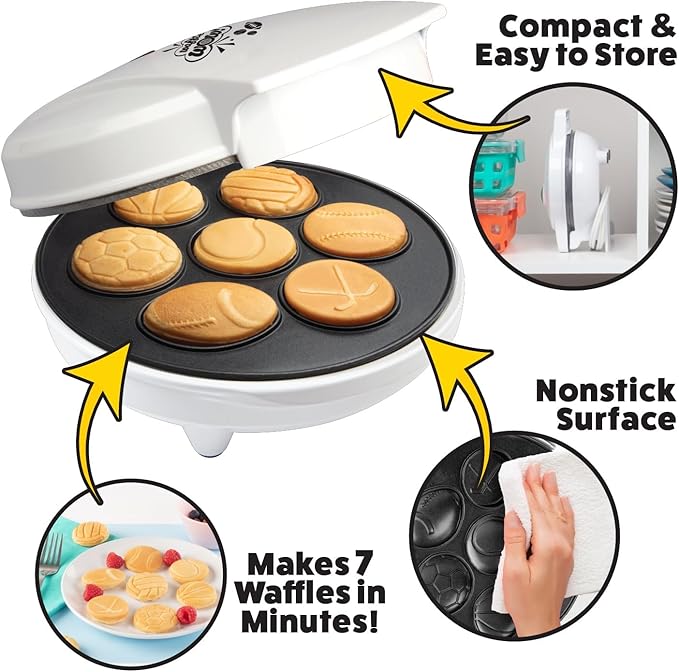 Sports Waffle Maker- Make Breakfast a Slam Dunk- Bakes 7 Themed Pancakes Including Football, Baseball, Basketball, Soccer, Tennis & More- Electric Nonstick Waffler- Unique Gift for Boys, Girls & Kids