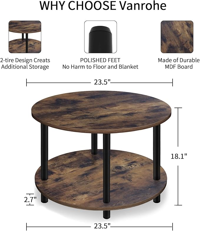 Small Round Coffee Table for Small Space, 23.5" 2-Tier Rustic Brown Wooden Coffee Table with Open Storage for Living Room/Balcony/Office, Metal Legs, Easy to Assemble