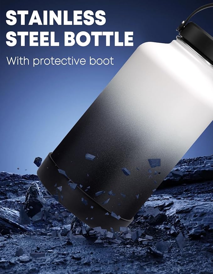 Stainless Steel 64 oz Wide Mouth Water Bottle - Keeps Ice Cold Up to 48H & Hot Up to 24H, Double-wall Metal Water Jug with Paracord Handle & Protective Boot