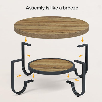 Tribesigns Round Coffee Table, 31.5" Modern Wood Circle Center Table with Storage Shelf and Metal Frame, 2-Tier Industrial Accent Cocktail Table for Living Room, Small Space, Apartment, Brown