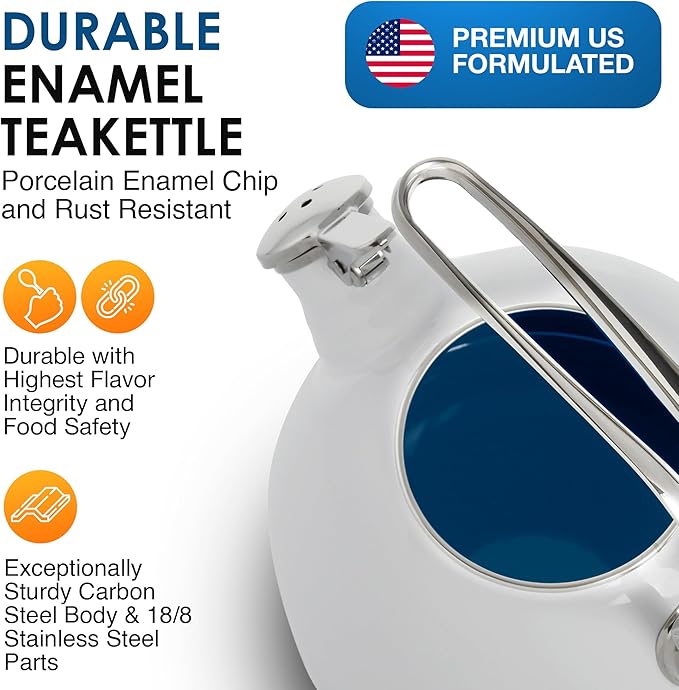 Chantal Classic Teakettle, 1.8 QT, Enamel On Steel, 2-Tone Harmonica Whistle, Rapid Boil and Even Heating (White)