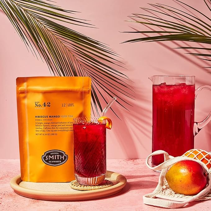 Steven Smith Teamaker Hibiscus Mango Iced Tea No. 42, Refreshing, Caffeine-Free, Sustainably Grown, Full Leaf Herbal Iced Tea, 10 Count, 1 Quart Sachets