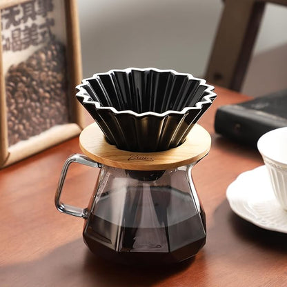 Bincoo 400ML Pour Over Coffee Maker Set with Filter Paper,Ceramic Coffee Dripper with Wood Stand Set for 1-2 Cups-Professional Brewing Tools for Pour Over & Drip for Home Office (Black)