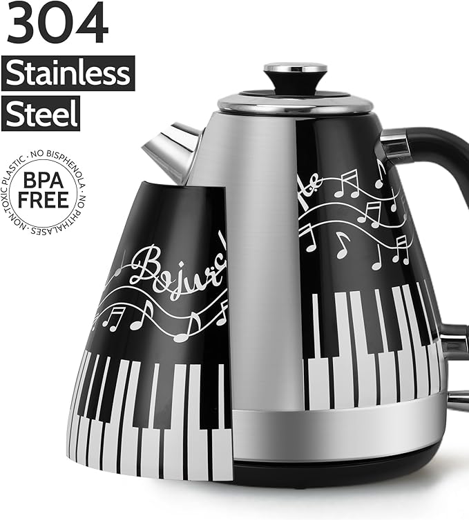 Artistic Electric Kettle with Hand-Applied Piano Keys and Music Note Stickers - 1.7L Stainless Steel Tea Kettle with LED Indicator, BPA-Free, 1200W Rapid Boil, Auto Shut-Off and Boil-Dry Protection