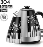 Load image into Gallery viewer, Artistic Electric Kettle with Hand-Applied Piano Keys and Music Note Stickers - 1.7L Stainless Steel Tea Kettle with LED Indicator, BPA-Free, 1200W Rapid Boil, Auto Shut-Off and Boil-Dry Protection