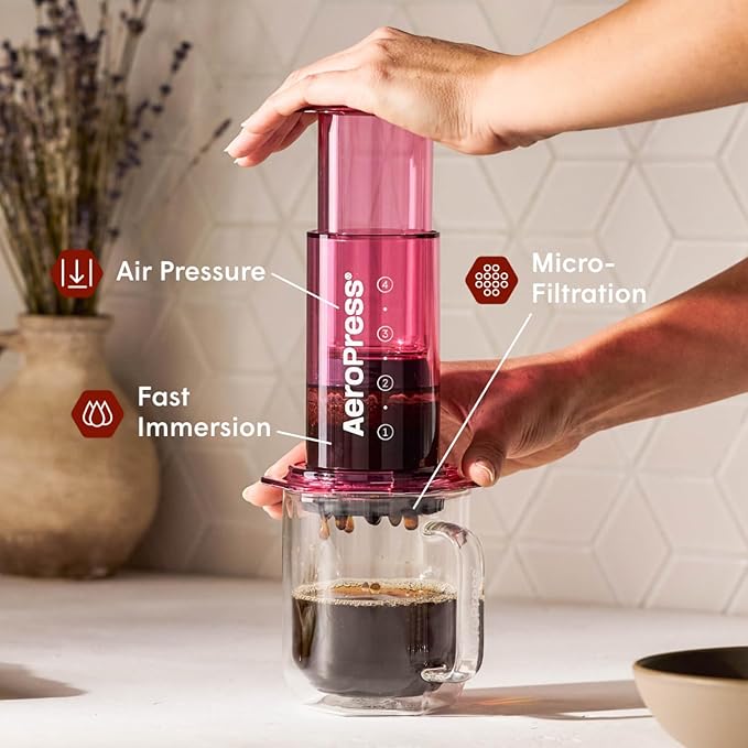 AeroPress Clear Pink Coffee Press – 3 In 1 Brew Method Combines French Press, Espresso, Full Bodied Coffee Without Grit or Bitterness, Small Portable Coffee Maker for Camping & Travel, Pink