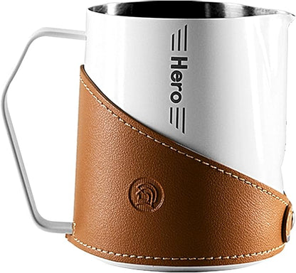 Milk Frothing Pitcher 450ml/16oz 304 Stainless Steel Espresso Steaming Pitcher with PU Leather, Milk Frothing Jug,milk frother cup,Milk Jug Cup,Premium Barista Tools,Latte Art (WHITE,20oz)