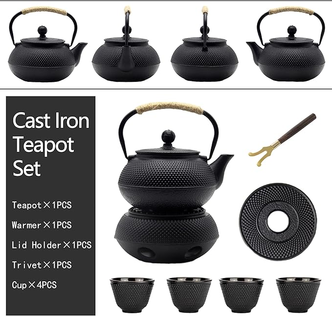 YJX Cast Iron Teapot Set with Cast Iron Warmer, Japanese Tetsubin Tea Kettle Set with Cups,Cast Iron Teapot with Stainless Steel Infuser and Enameled Interior(600ml Teapot Set Combination 1), Black