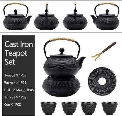 YJX Cast Iron Teapot Set with Cast Iron Warmer, Japanese Tetsubin Tea Kettle Set with Cups,Cast Iron Teapot with Stainless Steel Infuser and Enameled Interior(600ml Teapot Set Combination 1), Black