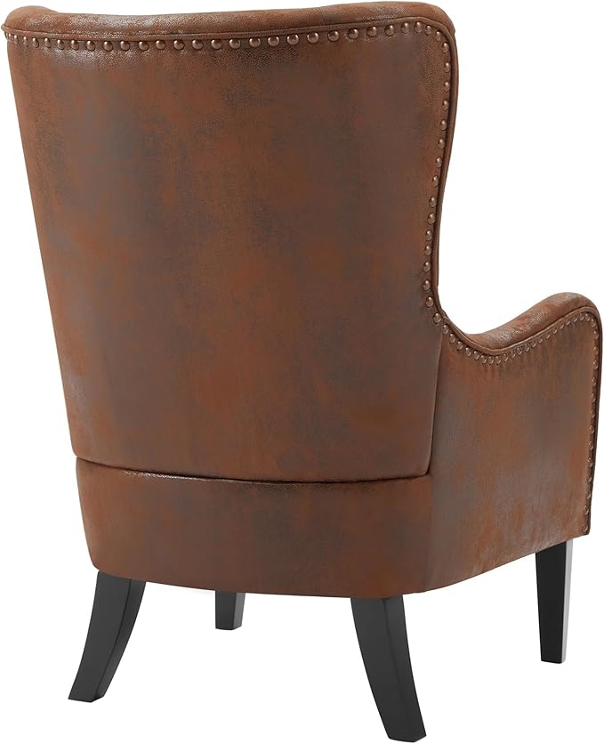 Hi-Back Brown Vintage Distressed Accent Chair with Ottoman, Tufted Design & Nailhead Trim, Polyester Fabric, Foam-Pocket Spring Seat, Living Room, Study, Bedroom Chair and Ottoman Set