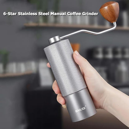 Manual Coffee Grinder with Double Bearing System Coffee Bean Grinder, 25g Capacity Hand Coffee Grinder, Stainless Steel 6-Star Burr Mill (GRAY, 6star-stainless steel)