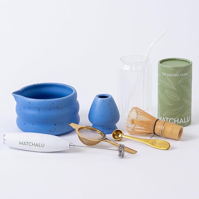 Premium 9 Piece Matcha Set With Ceramic Matcha Bowl, Bamboo Whisk & Holder, Stainless Steel Spoon & Sifter, Glass Cup & Straw, Electric Frother, Storage Bag - Gift for Matcha Lovers (Blue)