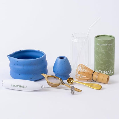 Premium 9 Piece Matcha Set With Ceramic Matcha Bowl, Bamboo Whisk & Holder, Stainless Steel Spoon & Sifter, Glass Cup & Straw, Electric Frother, Storage Bag - Gift for Matcha Lovers (Blue)