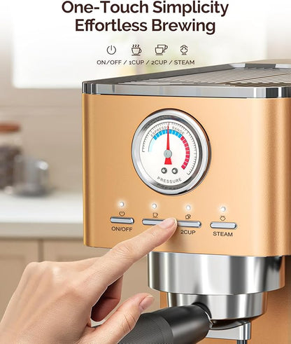 Maestri House 20 Bar ULKA Pump Espresso Machine, Compact Espresso Maker Built-in Flow Meter Steam Milk Frother, Stainless Steel Coffee Machine for Cappuccino, Latte, Rose Golden
