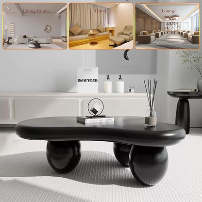 Asymmetric Black Coffee Table with 3 Stable Ellipsoid Leg, Modern Stylish Cloud Center Table - Cafe Books Laptop Snacks and Decor (D-39.37in)