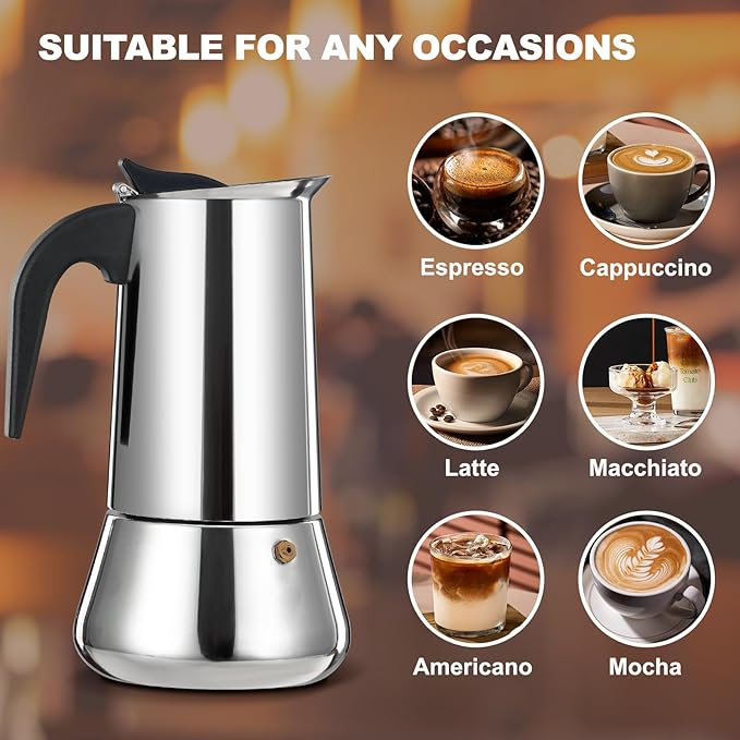 6 Cup Stovetop Espresso Maker Stainless Steel Moka Pot Stove Top Percolator Italian Coffee Makers Capable Mocha Greca Machine Cafe Classic Induction Cookers for Home and Camping 300ml 10oz