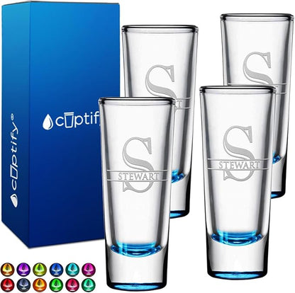 Personalized Shot Glasses Set of 4 Lite Blue Bottom Custom 2 oz Cordial Shot Glass Initial and Name for Gifts, Weddings, Birthdays, Party, Event, Decorations