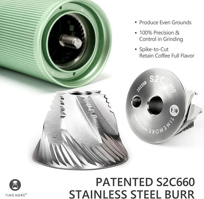 TIMEMORE Manual Coffee Grinder Chestnut C3S PRO, Hand Coffee Grinder with Foldable Handle, Stainless Steel S2C Conical Burr Coffee Grinder, Adjustable Grind Setting for Espresso to French Press, Green