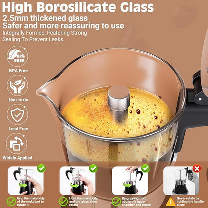 Induction Moka Pot, 9 Cups (15.9 oz) Crystal Glass-Top & Stainless Steel Moka Pot, Classic Stovetop Espresso Maker, Black