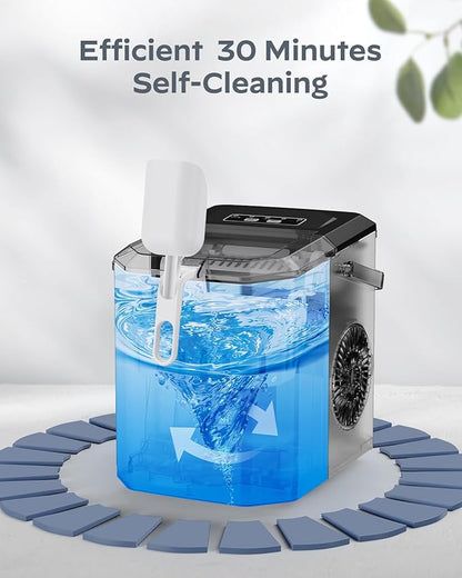 Silonn Ice Maker Countertop, Stainless Steel Portable Ice Machine with Carry Handle, Self-Cleaning Ice Makers with Basket and Scoop, 9 Cubes in 6 Mins, 26 lbs per Day