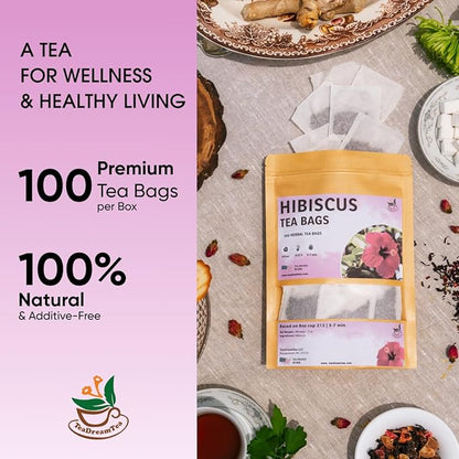 TeaDreamTea Hibiscus Tea Bags | 100 Bleach-Free Tea Bags | Caffeine Free | Dried Hibiscus Flowers | Hibiscus Flower Tea | Dried Flower Tea | Brew Hot or Iced |Herbal Hibiscus Tea