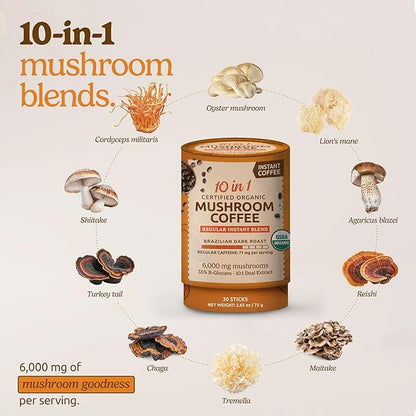 10-in-1 USDA Certified Organic Mushroom Coffee Instant, Instant Mushroom Coffee Brazilian Dark Roast for Better Energy, Focus, Gut Health, 30 Sticks, Regular Caffeine - MatchaDNA