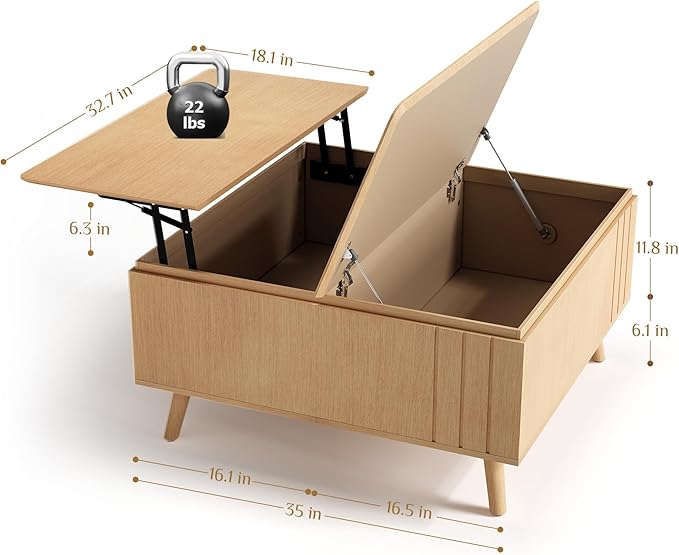 Lift Top Coffee Table with Storage,Mid Century Modern Center Table with Hidden Compartment,Square Pop Up Center Table for Living Room,Oak