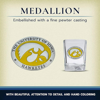 Heritage Pewter University of Iowa Square Collector's Glass | Hand-Sculpted 1.5 Ounce Glassware | Intricately Crafted Metal Pewter Alma Mater Inlay