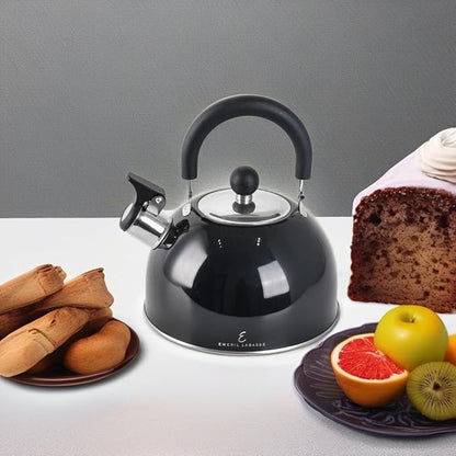Emeril Lagasse 2.6 Quart/2.5 Liter Whistling Tea Kettle, Stainless Steel Tea Pot for Induction Stove Top, Fast to Boil Water for Home Kitchen Condo, with Ergonomic Cool Folding Grip Handle, Black