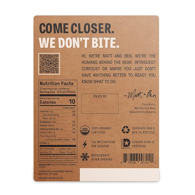 Wandering Bear Straight Black Organic Cold Brew Coffee On Tap, 128 fl oz (1 gallon) - Extra Strong, Bold, Smooth, Unsweetened, Shelf-Stable, Ready to Drink, 100% Organic Iced Cold Brewed Coffee Drinks