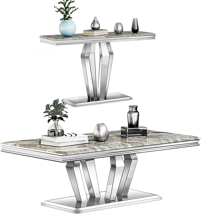 Coffee Table Set, 48 inches Modern Silver Coffee Table with 4 Geometric Mirrored Bases and Rectangular Silver Console Table with Gray Top for Living Room (Coffee Table + Console Table)