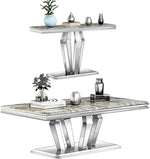Load image into Gallery viewer, Coffee Table Set, 48 inches Modern Silver Coffee Table with 4 Geometric Mirrored Bases and Rectangular Silver Console Table with Gray Top for Living Room (Coffee Table + Console Table)