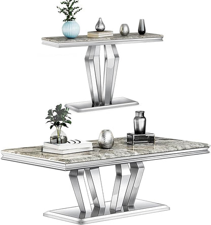 Coffee Table Set, 48 inches Modern Silver Coffee Table with 4 Geometric Mirrored Bases and Rectangular Silver Console Table with Gray Top for Living Room (Coffee Table + Console Table)