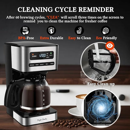 Taylor Swoden Programmable Coffee Makers 12 Cup, Hot and Iced Coffee Maker, 4 Brew Strength, LED Display, 24H Timer, Keep Warm&Auto Shutoff- Drip Coffee Machine for Home/Office, Black &Stainless Steel