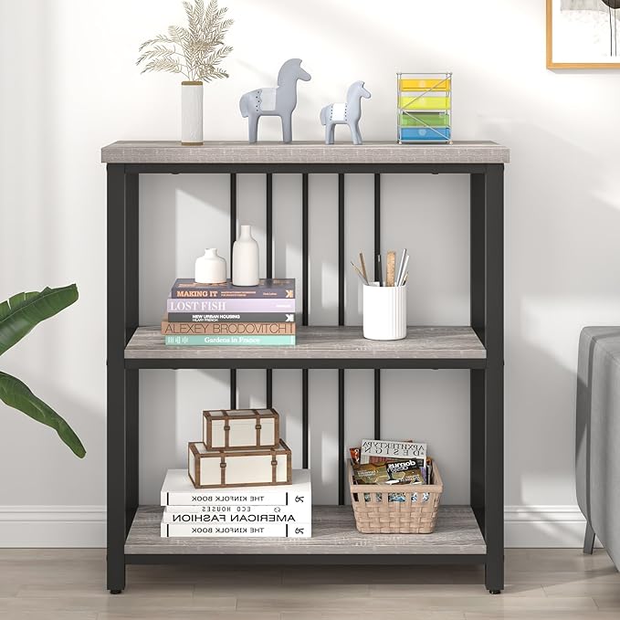 FOLUBAN 3 Tier Bookshelf, Short Bookcase for Small Space, Modern Wooden and Metal Book Shelf for Living Room Bedroom Office (Light Grey Oak)