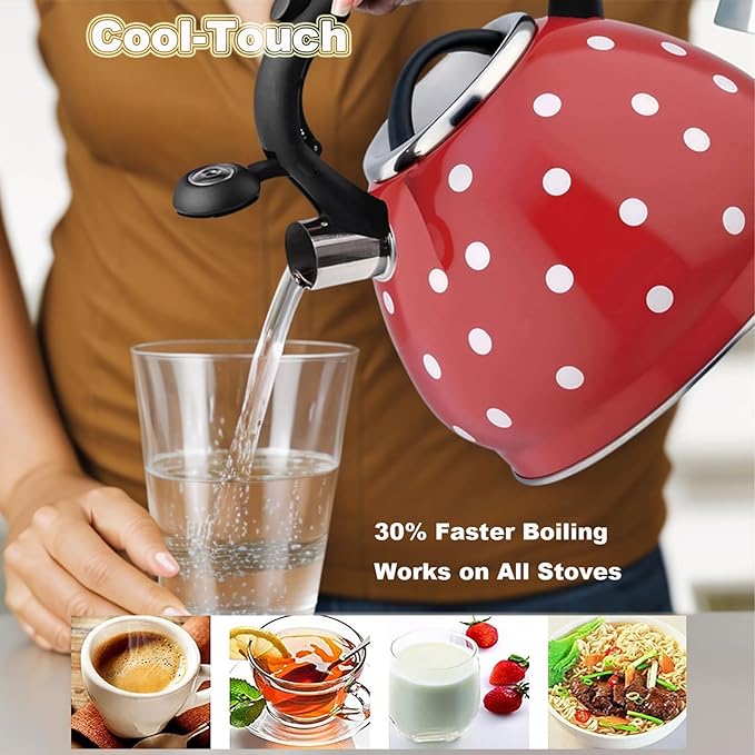 Tea Kettle Stovetop, Whistling Teapot 304 Stainless Steel 3.2 Quart Teakettle, Polka Dot Teapots for Stove Top, Whistle Tea Pot with Cool Touch Ergonomic Handle (Red, 3.2 Quarts)