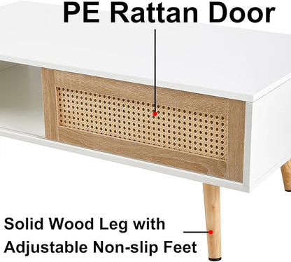 Mid Century Modern Coffee Table with Storage, 41.3 Inch Rectangle Wooden Accent Center Sofa Table with Sliding PE Rattan Woven Door Panel and Solid Wood Legs, Suitable for Living Room, Apartment