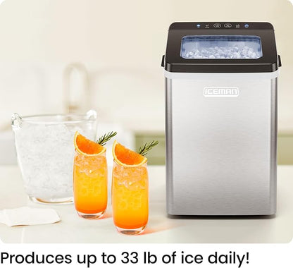 Iceman Pebble Ice Machine, Countertop Nugget Ice Maker Produces Chewable Pellet Ice in 20 Minutes, Makes 33lbs/Day, with One-Touch Cleaning Function and Ice Scoop/Basket Included – Stainless Steel