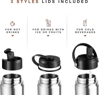 Stainless Steel Insulated Water Bottle and Travel Mug for Hot and Cold Beverages, Wide Mouth, Double Wall Insulated Hydration Sports Water Bottle for Hiking, Biking, Outdoor, 22 OZ BPA Free