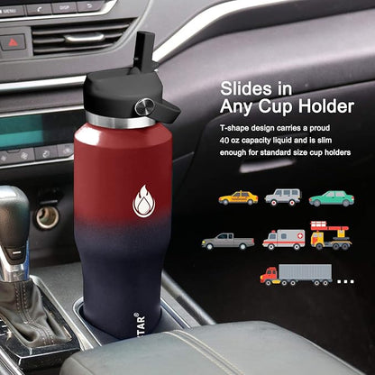 SENDESTAR 40oz Water Bottle Wide Mouth Stainless Steel Vacuum Insulated Double Wall with 2 Straw Lids Fit in Any Car Cup Holder