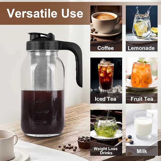 Cold Brew Coffee Maker Pitcher, 64 Oz Heavy Duty Glass Mason Jar Pitcher with V-shaped Pour Spout Handle Lid,Stainless Steel Filter for Iced Coffee,Iced tea,Fruit Drinks,lemonade - Black