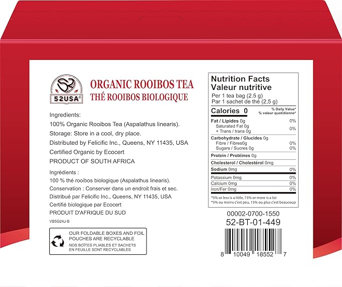 52USA Rooibos Tea Organic, 100 Tea bags, Pure Premuim Rooibos Tea, Naturally Sweet Herbal Tea, Caffeine Free Rooibos Tea, Farmed in South Africa, 9oz (250g)
