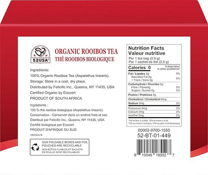 52USA Rooibos Tea Organic, 100 Tea bags, Pure Premuim Rooibos Tea, Naturally Sweet Herbal Tea, Caffeine Free Rooibos Tea, Farmed in South Africa, 9oz (250g)
