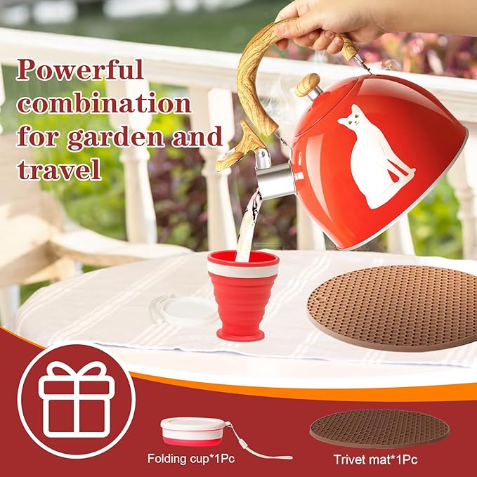 ARC Stainless Steel Red Whistling Tea Kettle, Magic Color Changing Design 2-Quart Stovetop Kettle Whistle Teapot with Folding Cup & Trivet Mat