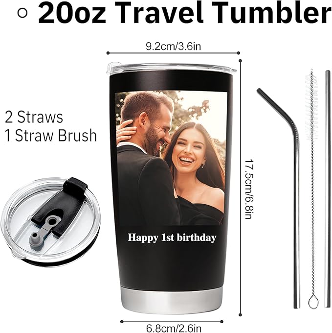 Personalized Tumbler with Pictures Text, Custom Photo Stainless Steel Coffee Tumbler, Coffee Travel Cup Mug 20 Oz Custom Gifts for Fathers Day Christmas Birthday for Dad Mom Kids