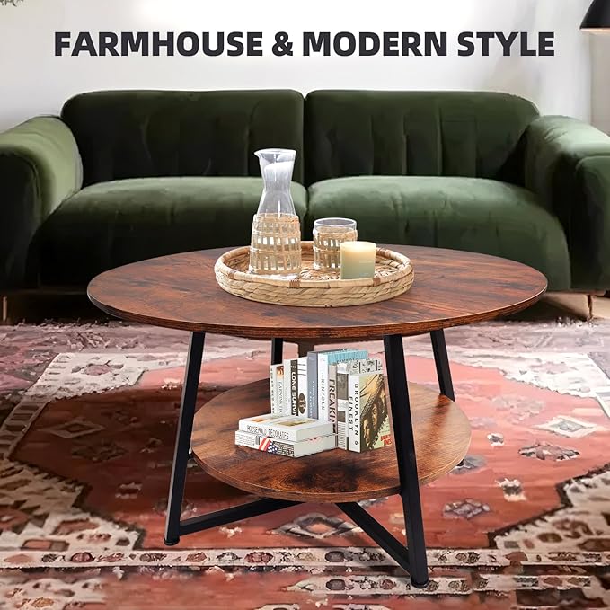 2-Tier Circle Coffee Table with Storage Modern Circular Coffee Table 28.35in Wood Rustic Table for Living Room, Small Space, Home Office, Easy Assembly (Rustic Brown)
