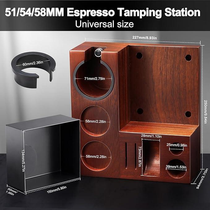 Espresso Knock Box, Walnut Tamping Station, 9 in 1 Coffee Organizer Box Fit for 51mm 54mm 58mm, Coffee Distributor & Portafilter, Espresso Accessories Kit