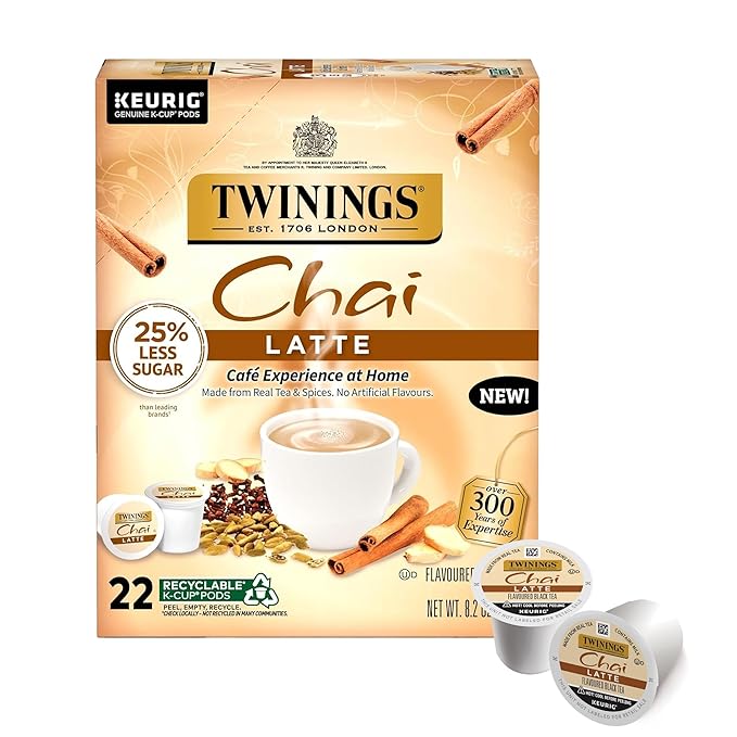 Twinings Chai Latte Black Tea K-Cup Pods for Keurig, 22 Count (Pack of 1), Creamy, Slightly Sweet, Less Sugar, Caffeinated, Enjoy Hot or Iced