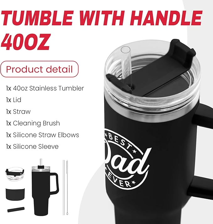 SANDJEST Best Dad Ever Tumbler with Handle - 40oz Stainless Steel Insulated - Dad Gifts for Daughter & Son - Coffee Tumbler for Father's Day, Birthday, Christmas - Cup Gift Set with Lid & Straw